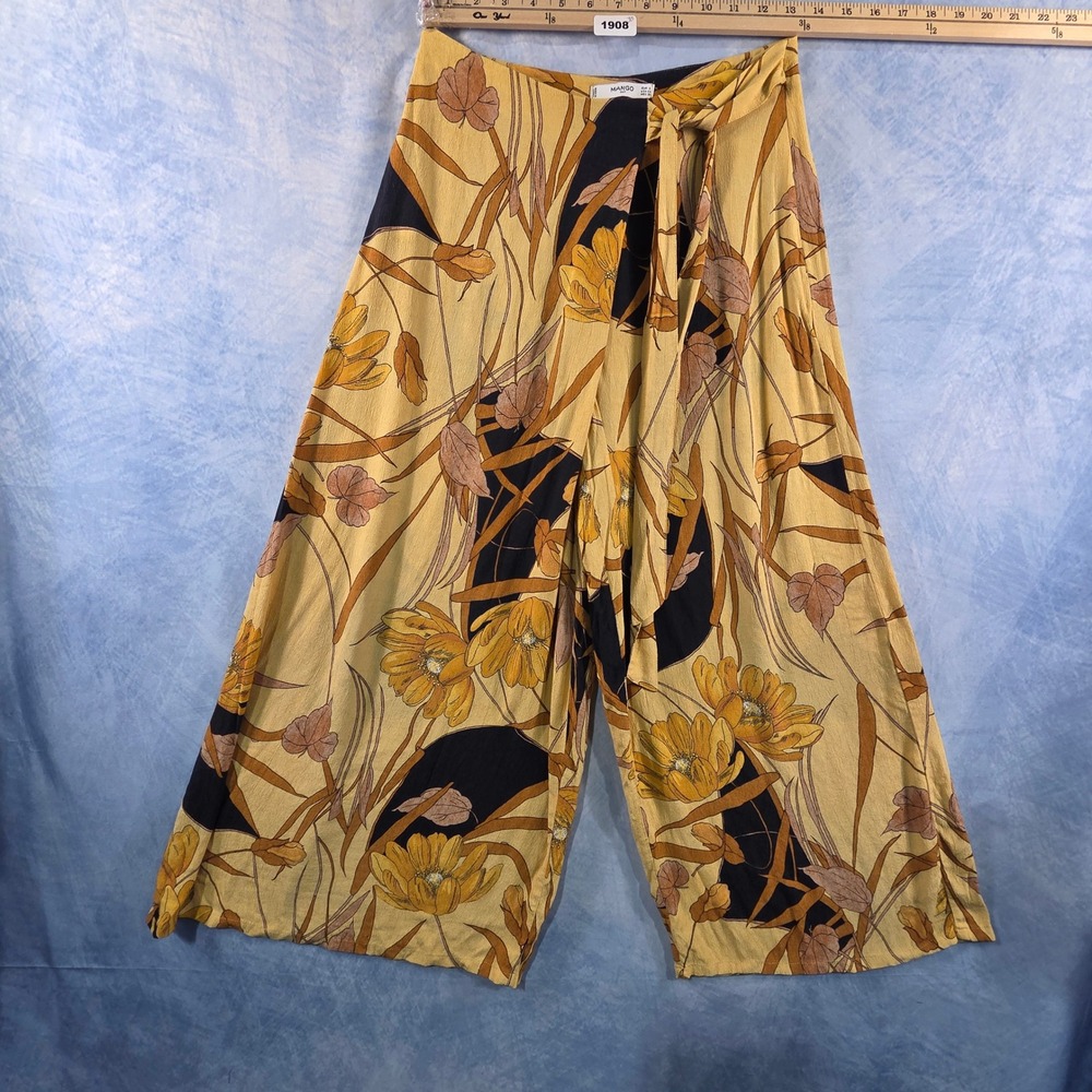 Mango Suit Floral Wide Leg Culotte Pants Yellow Navy Blue Wrap Tie Waist Small